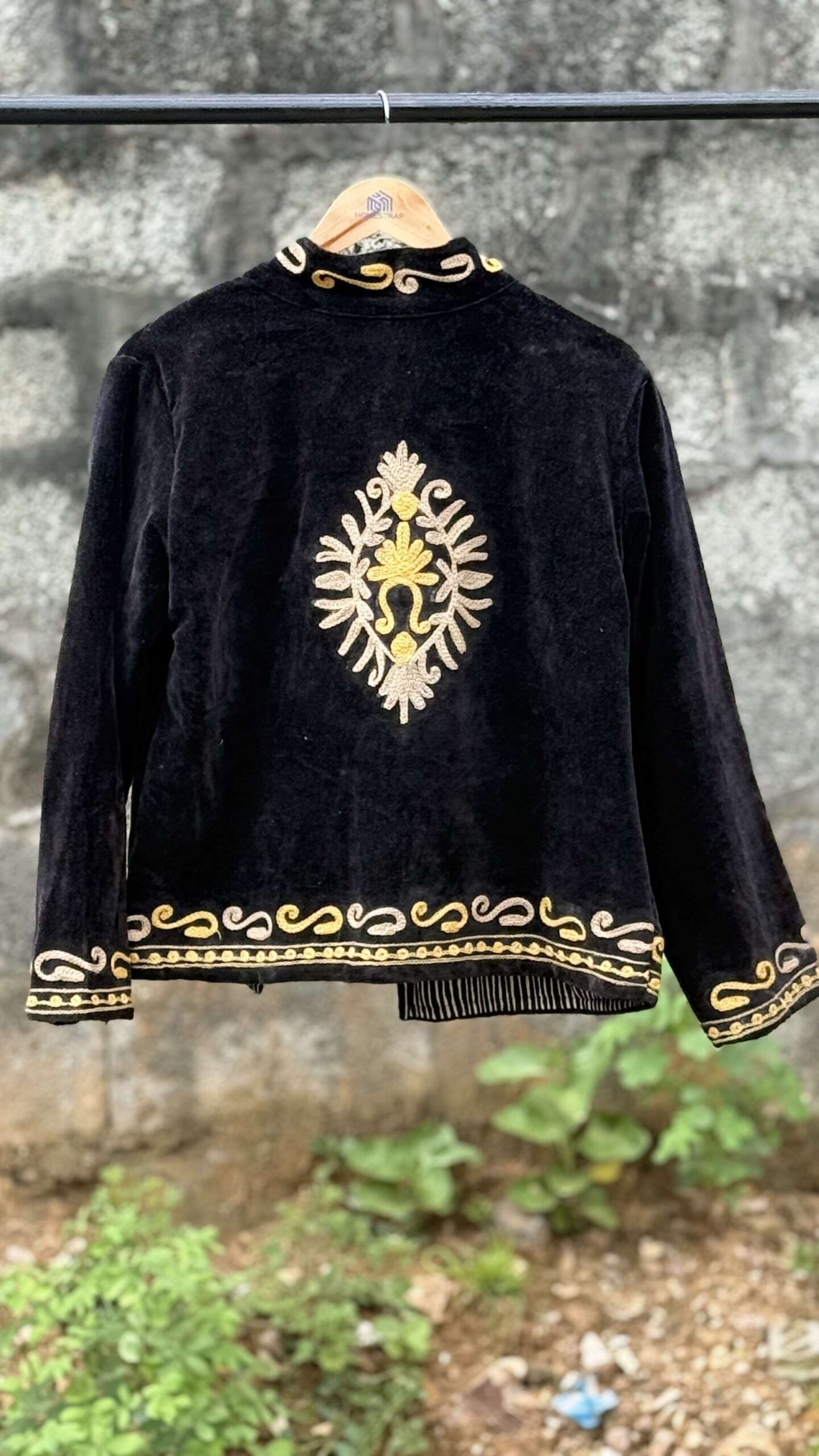 Womens Black Velvet Embroidered Jacket with Floral Design - Image 4